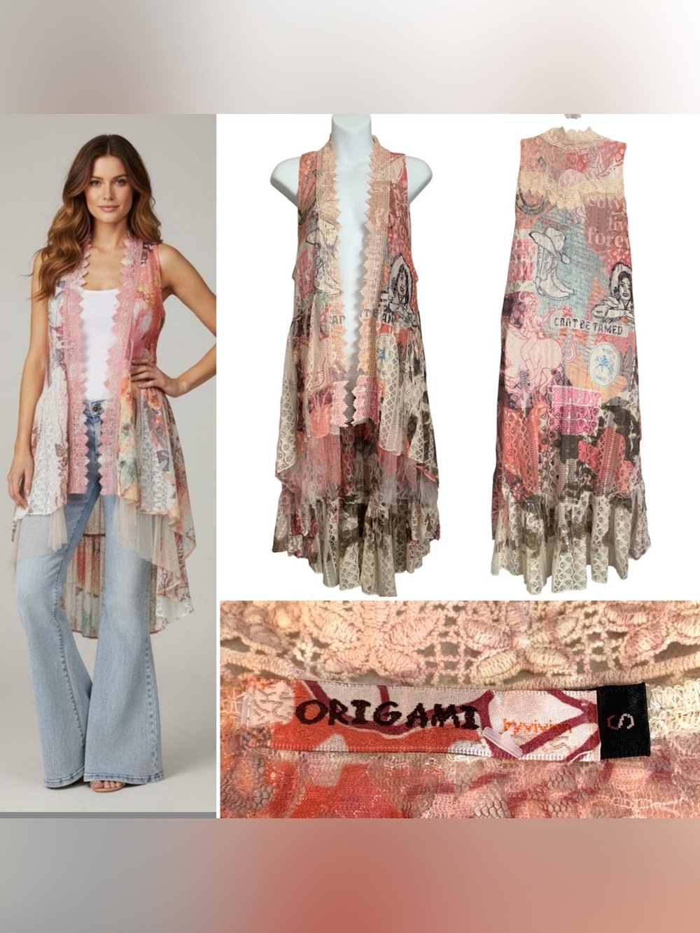 Origami Boho Western Embroidered Mesh Duster Vest Floral Ruffled Tiered Hem